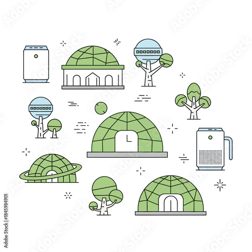 Whimsical vector art showcases eco-friendly dome homes alongside trees and air purifiers, ideal for sustainable living and innovative architectural design projects