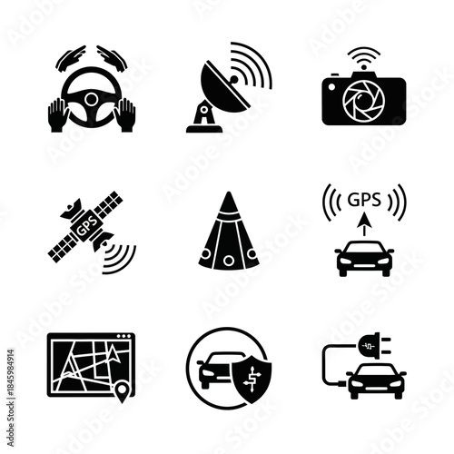 Autonomous driving technology icons showcase self driving cars, GPS navigation, electric vehicle charging, and radar systems for modern transportation solutions
