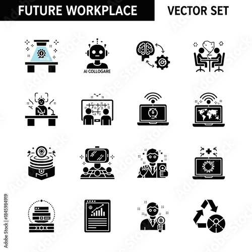 Modern Future Workplace Concepts, AI and Automation, Visualizing the Future of Work, Icons Showing Innovation and Technology, Modern Vector Style