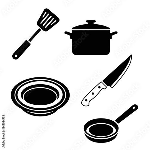 Essential kitchen tools in bold monochrome design, perfect for culinary blogs, recipe illustrations, and modern cooking guides showing cooking equipment