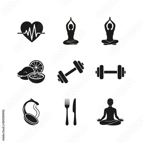 Inspiring wellbeing journey featuring fitness, mindful meditation, healthy nutrition for a balanced lifestyle, originally a scalable vector graphic