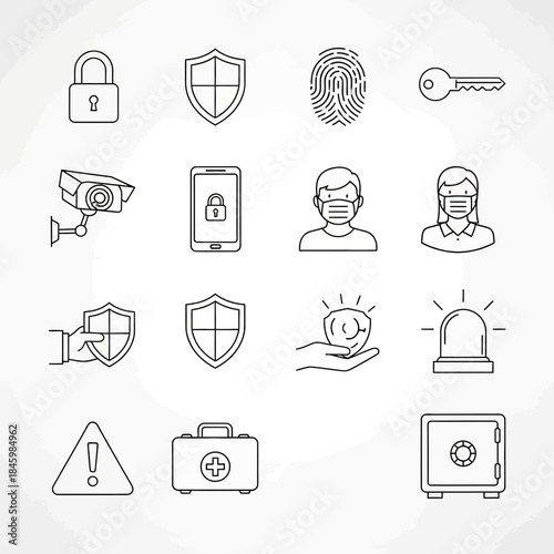 Essential safety and security icons: Padlock, shield, fingerprint, key, CCTV, phone security, masked people, first aid kit, warning sign, safe, protection