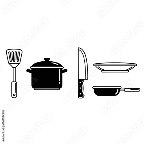 Essential cooking tools illustration, a set of kitchenware, a pot, pan, knife and spatula ideal for culinary content or recipe layouts originally from vector graphics