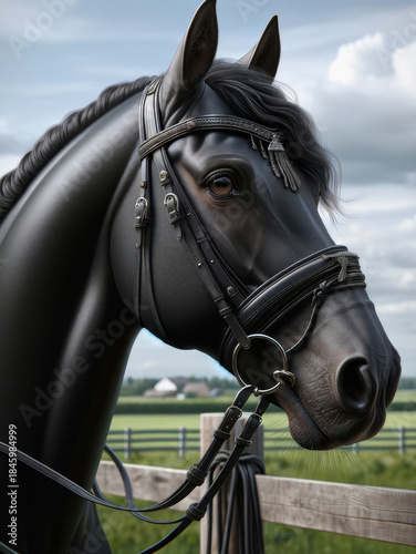 A majestic close-up portrait of a stunning black horse wearing an intricate leather bridle with decorative fringe.