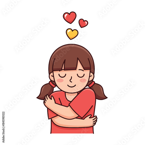 A young girl with closed eyes hugs herself, with hearts floating above her head, symbolizing self-love and acceptance.