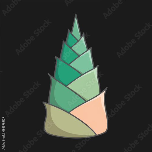 A stylized, cartoonish depiction of a bamboo shoot or a budding plant with layered green and beige leaves against a black background.