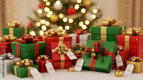 Festive Christmas Gifts Under a Sparkling Tree with Golden Bows and Holiday Cheer
