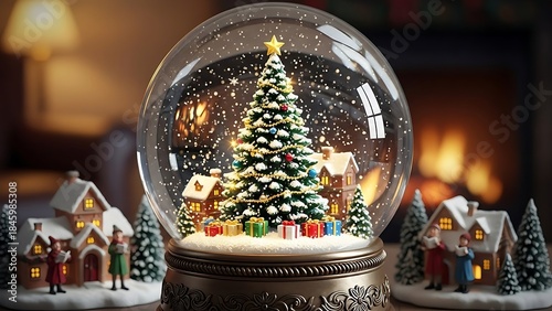 Enchanting Christmas snow globe featuring a festive tree, snowy village, and colorful presents, radiating holiday cheer
