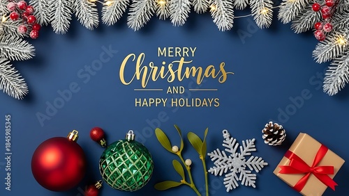 Merry Christmas and Happy Holidays decorative background with ornaments and gifts