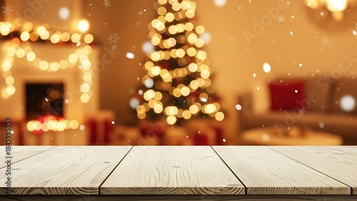 Warm Christmas Living Room with Bokeh Lights and Empty Wooden Table for Your Festive Display