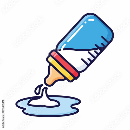 A cartoon illustration of a baby bottle tipped over, spilling milk onto a white surface.