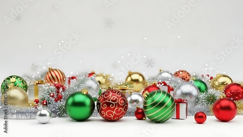 Vibrant Christmas Baubles and Festive Decorations Scattered on a White Background with Falling Snow