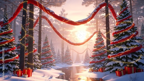 Magical Winter Forest Illuminated by Sunlight, Adorned with Christmas Decorations