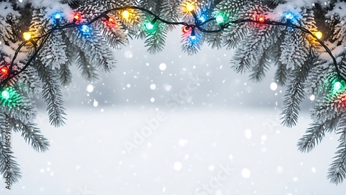 Snowy Christmas Tree Branches Adorned with Festive Lights and Falling Snow