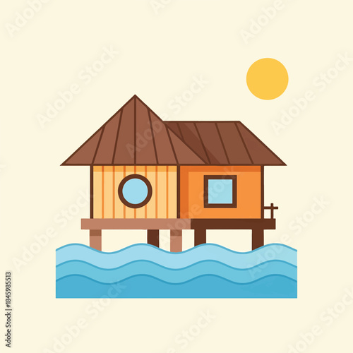 A minimalist illustration of an overwater bungalow with a thatched roof, standing on stilts in blue water under a yellow sun.