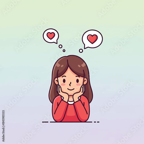 A cute cartoon girl rests her chin on her hands, with speech bubbles containing hearts floating above her head, suggesting love or romantic thoughts.