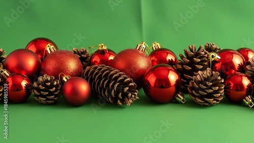 Festive Holiday Decoration of Red Ornaments and Pine Cones Scattered on a Vibrant Green Background