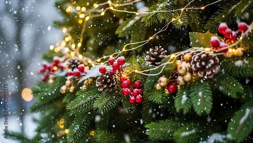 Festive Christmas tree adorned with lights, pine cones, and berries during a snowy day