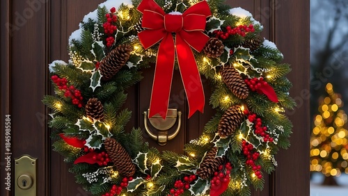 Brightly Lit Holiday Wreath Adorning a Wooden Door with Festive Red Bow and Evergreen Decorations