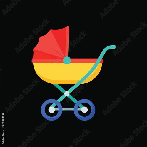 A colorful cartoon illustration of a baby stroller, with a red hood, yellow body, and blue wheels, on a black background.