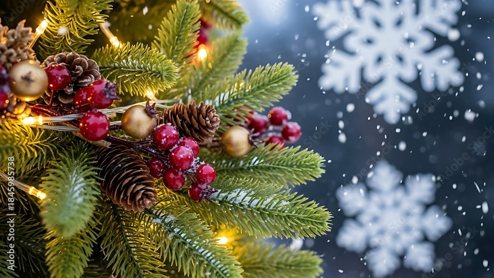 Fototapeta premium A close-up view of a decorated Christmas tree branch with lights and pinecones, perfect for festive holiday greetings and winter scenes