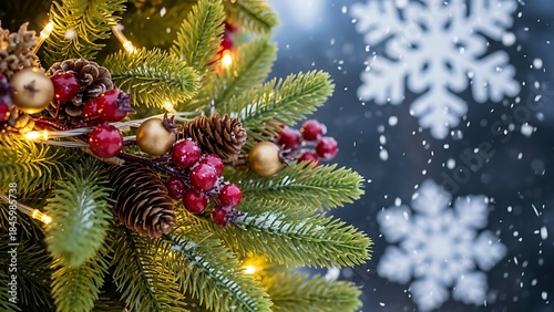 A close-up view of a decorated Christmas tree branch with lights and pinecones, perfect for festive holiday greetings and winter scenes