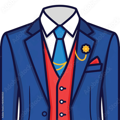 A smart blue suit with a red waistcoat, blue tie, and pocket square. A gold pocket watch chain and brooch complete the formal attire.