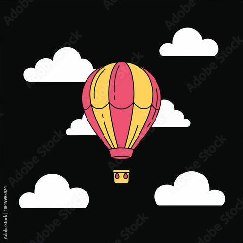 A vibrant hot air balloon with yellow and pink stripes floats peacefully through a dark sky, surrounded by fluffy white clouds.