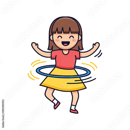 A happy cartoon girl is hooping with a blue hula hoop around her waist, her arms are raised in joy.