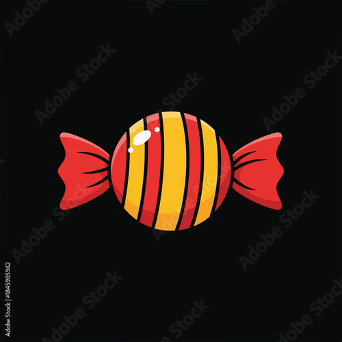 A bright, round candy with red and yellow stripes and red, twisted wrapper ends, isolated on a black background.