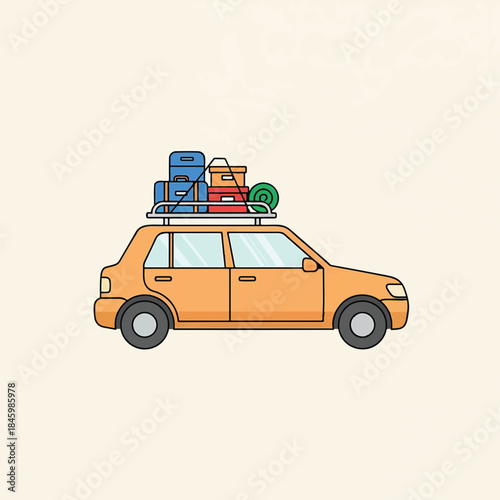 An orange car with luggage strapped to the roof is ready for a road trip or vacation.