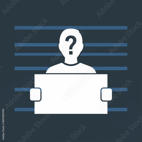 A silhouette of a person holding a blank sign in front of a police lineup. A question mark is superimposed on their head.