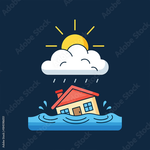 A cartoon house is submerged in floodwaters under a cloud raining with the sun shining above, symbolizing disaster preparedness and the impact of climate change.