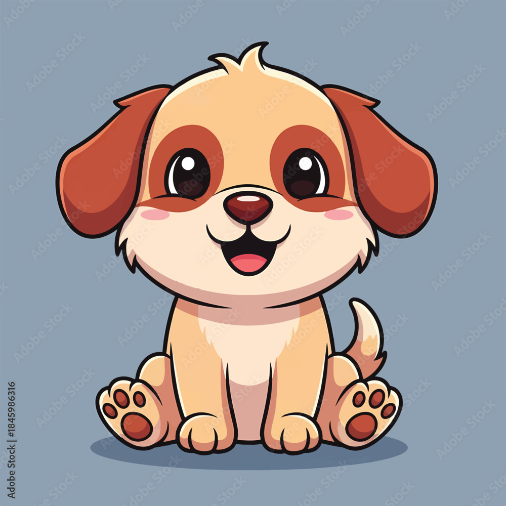 Fototapeta premium A charming, cartoonish puppy with big, soulful eyes, floppy ears, and a wide, happy grin sits patiently against a muted blue background, looking adorable.