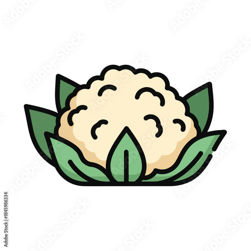 A cartoon illustration of a cauliflower with white florets and green leaves, depicted in a simple, flat design style.