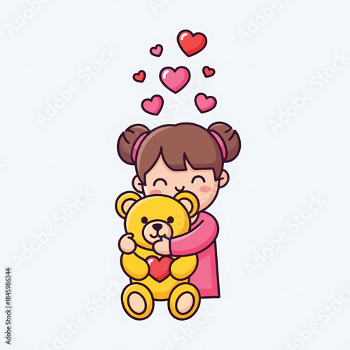 A cute cartoon girl with pigtails hugs a teddy bear. Hearts float above them, symbolizing love and affection.