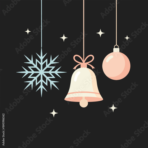 Festive holiday decorations: a snowflake, bell, and ornament hang against a dark background with twinkling stars.