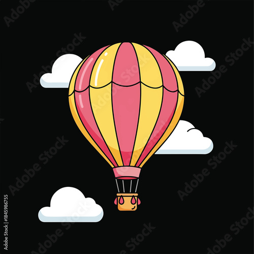 A cheerful, cartoon hot air balloon with pink and yellow stripes floats in a dark sky, surrounded by fluffy white clouds. It has a smiling face in the basket.