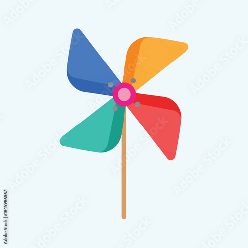 A colorful pinwheel with four blades in blue, orange, red, and green, on a light blue background.