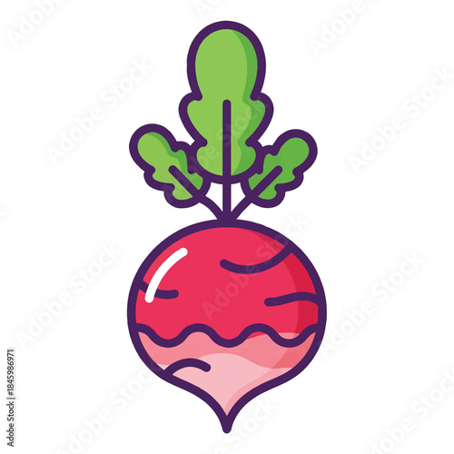 A flat, cartoon-style illustration of a radish with green leaves, on a white background.