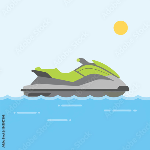 A flat illustration of a lime green and grey jet ski on blue water under a yellow sun.