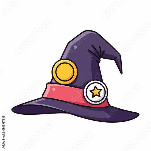 A cartoonish, purple witch's hat with a wide brim, adorned with a gold coin and a silver circle with a yellow star.