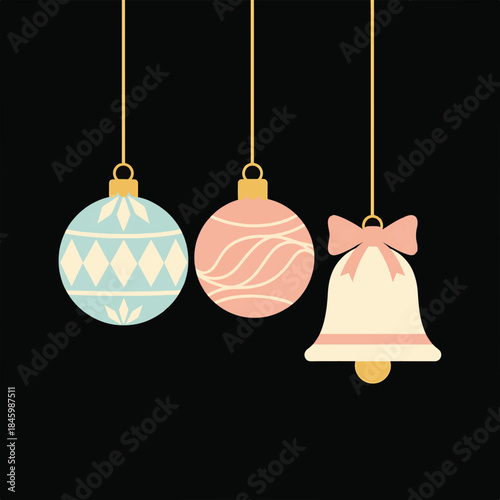 Three festive ornaments – a blue and white patterned ball, a pink swirled ball, and a pink bell with a bow – hang from golden threads against a black background.