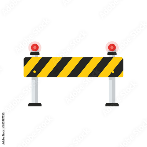 A yellow and black striped barricade with two red lights on top, on a white background.