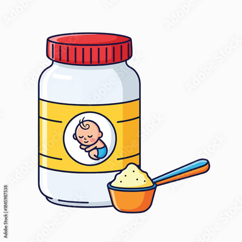 A white bottle with a red lid sits next to a scoop of powder. The bottle has a yellow label featuring a sleeping baby.