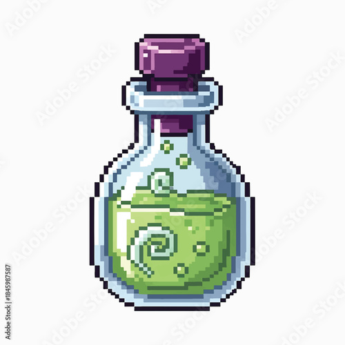 Pixel art of a bubbling green potion in a glass bottle with a purple stopper, isolated on a white background.