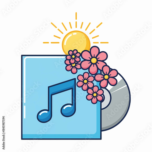 A bright, cheerful illustration featuring a music note on a blue square, accompanied by a CD and blooming flowers under a shining sun.