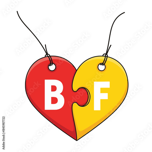 Two heart-shaped puzzle pieces, red and yellow, with B and F respectively, symbolizing best friends forever.