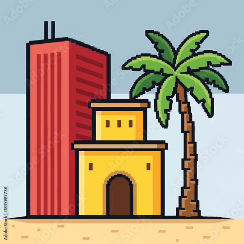 Pixel art depicts a modern red skyscraper, a traditional yellow building, and a palm tree on a sandy surface, suggesting a blend of urban and tropical environments.