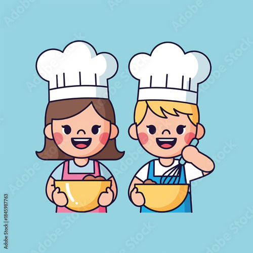 Two smiling cartoon children wearing chef hats and aprons hold bowls, one with a whisk, ready to bake.